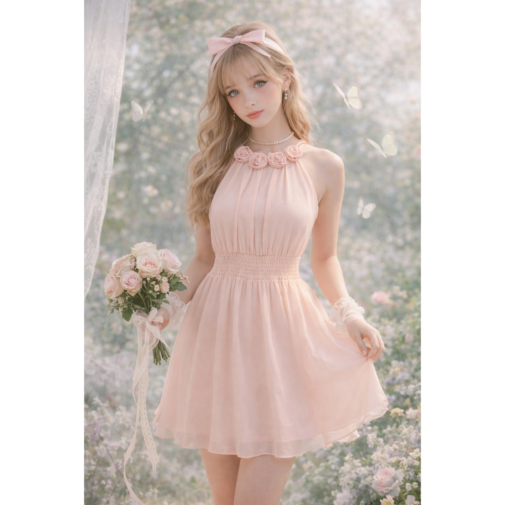 XXI Forever 21 Y2K Dress Sheer Pink Rosette Chiffon Coquette Fairy Balletcore SM